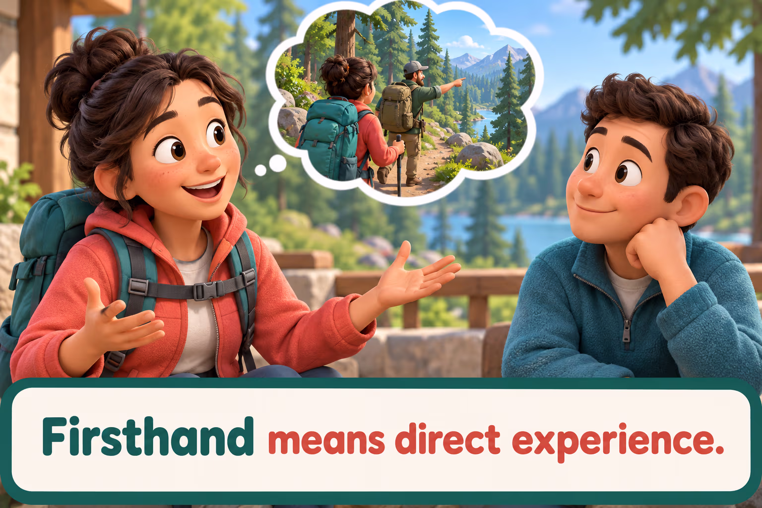 Firsthand means direct experience. Cartoon hikers discuss a trip.