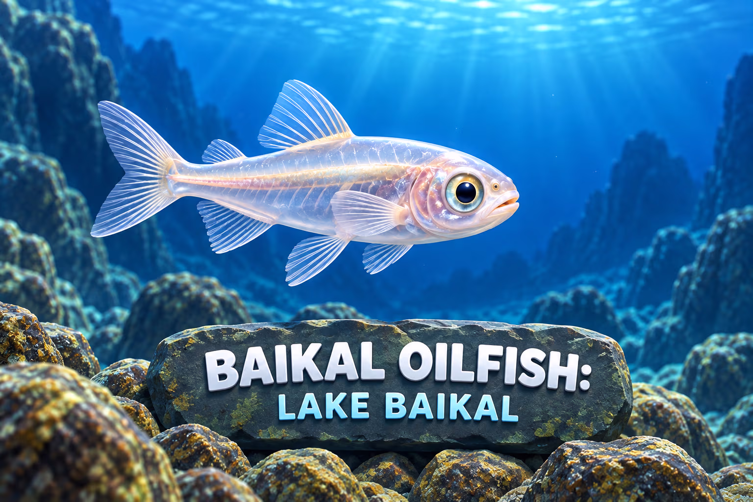 Baikal oilfish in blue Lake Baikal water beside a location label.