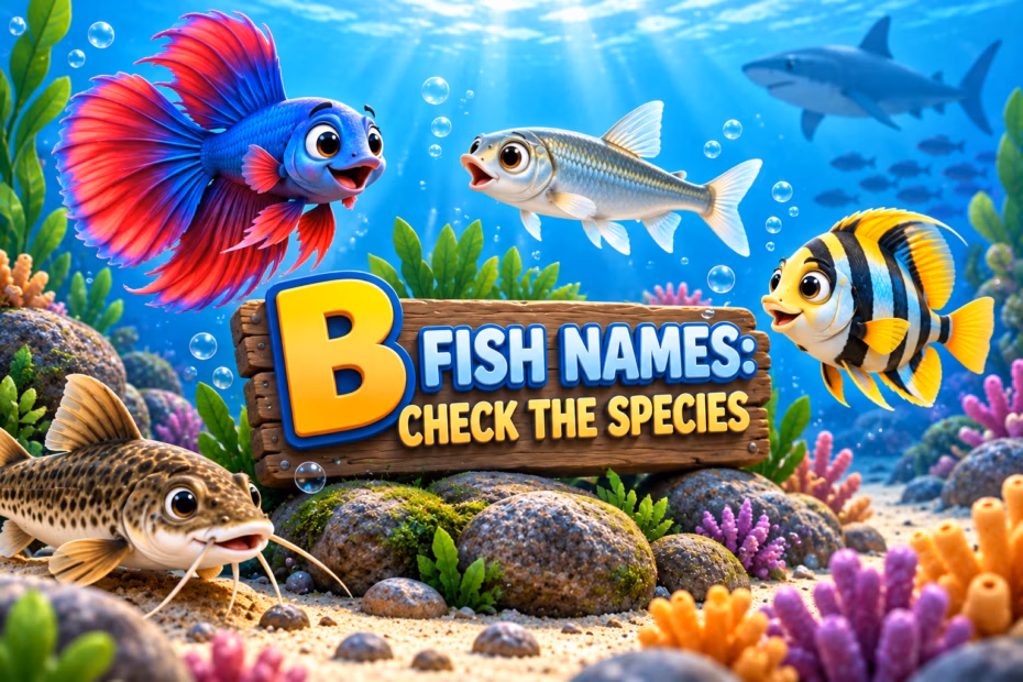 Playful underwater scene with a betta, minnow, striped reef fish, and shark near a sign about checking fish species.