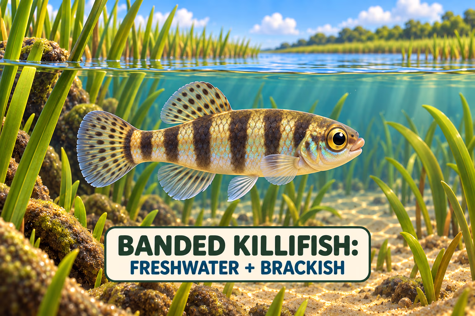 Banded killifish in shallow, vegetated water beside a freshwater and brackish habitat label.
