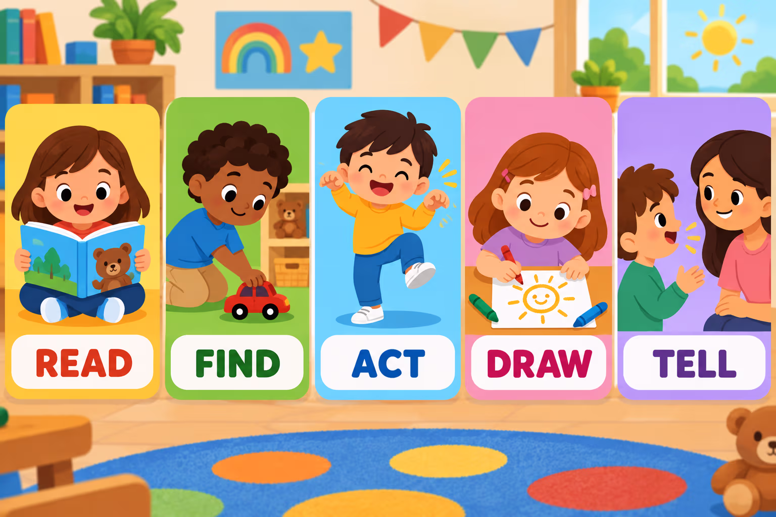 Five playful ways to revisit vocabulary: read, find, act, draw, and tell