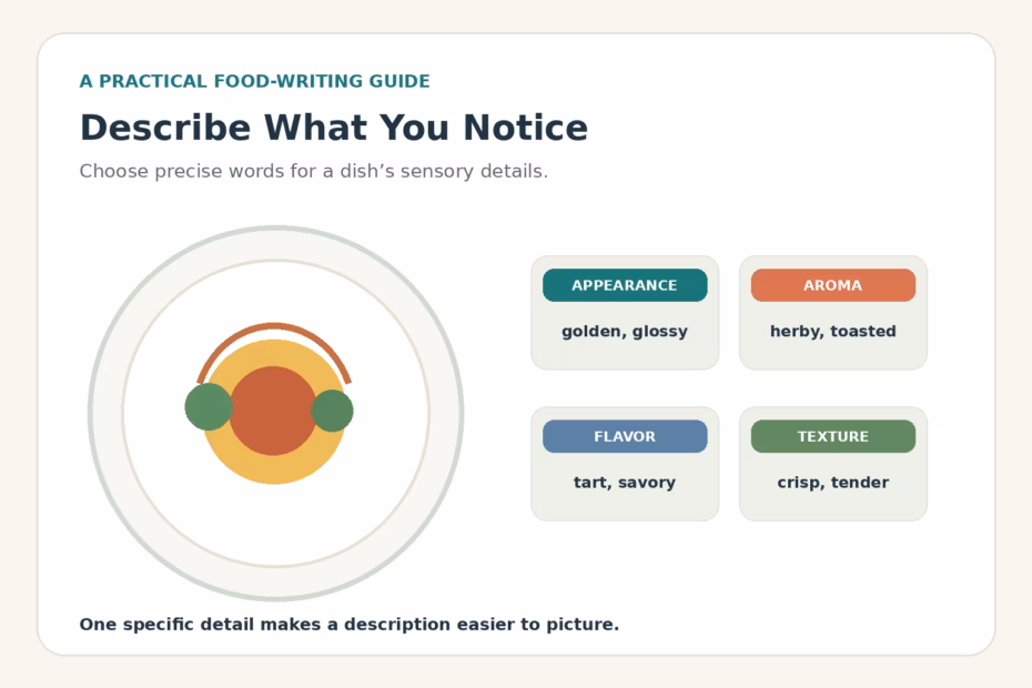 Illustrated plate beside food adjective groups for appearance, aroma, flavor, and texture