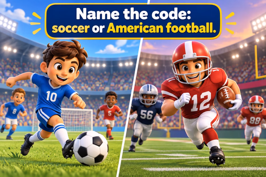 Split scene of soccer and American football players. Text: “Name the code: soccer or American football.”