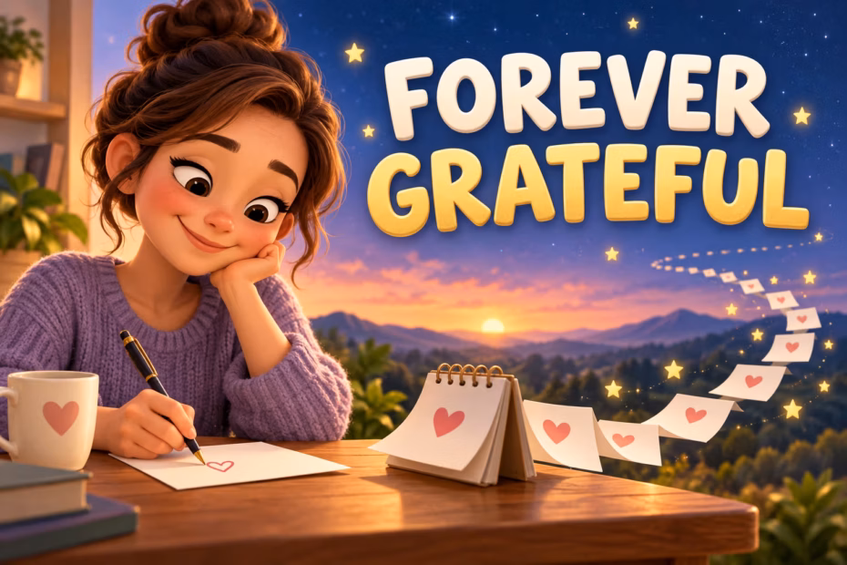 A person writes a thank-you note beneath the words Forever Grateful, with a trail of notes stretching into the distance.