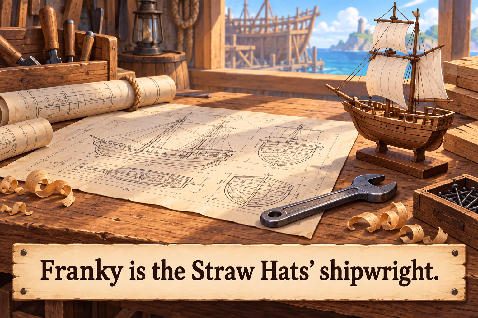 A generic shipwright at a construction blueprint.