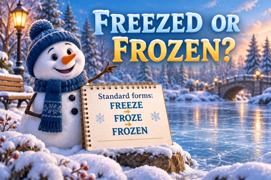 Grammar illustration comparing the standard verb forms freeze, froze, and frozen beside a snowy pond