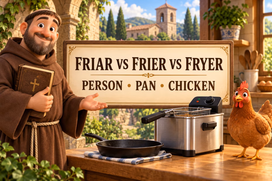 A friendly robed friar with a book, a clean deep fryer, and a live chicken beside a sign reading Friar vs Frier vs Fryer: Person, Pan, Chicken