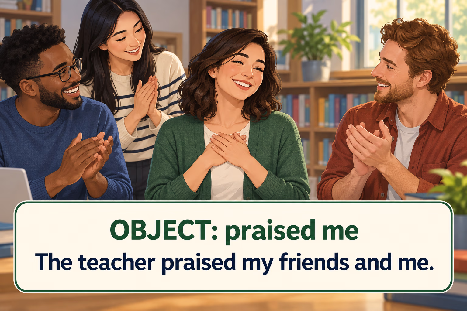 The teacher praised my friends and me: the pair is an object.