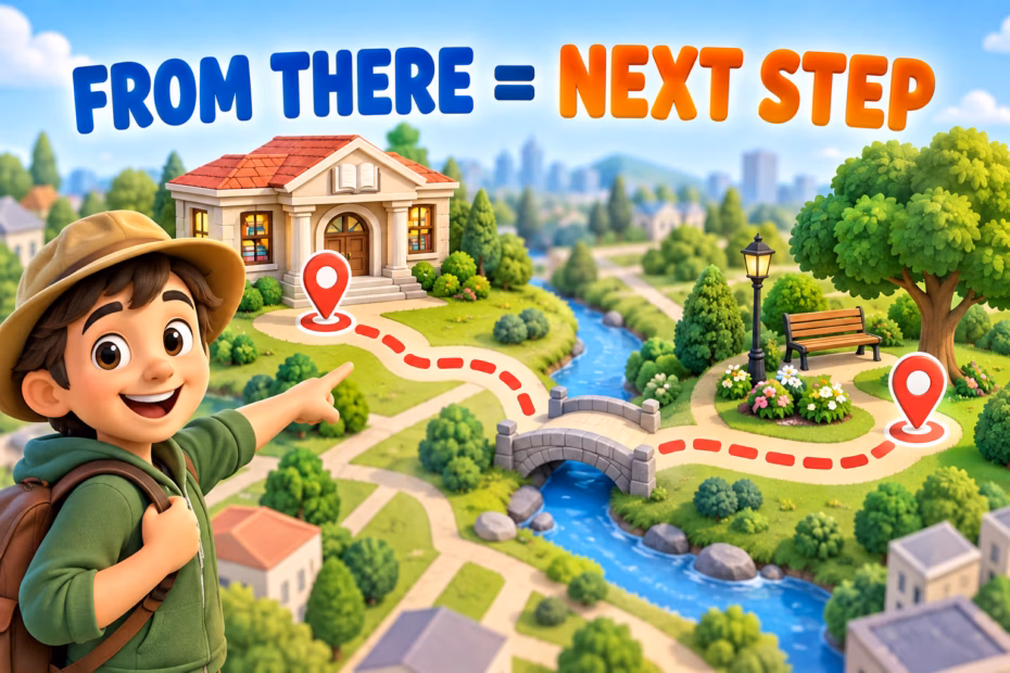 A guide follows a route from a library to a park. Text: From there = next step.