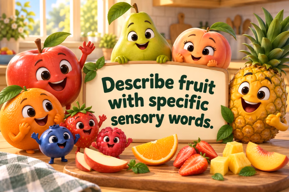 A colorful ensemble of smiling 3D cartoon fruit characters illustrates sensory adjectives for appearance, aroma, taste, and texture.