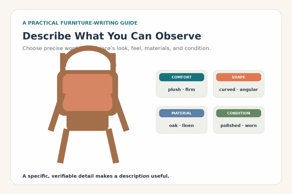 Illustrated upholstered wooden chair beside furniture adjective groups for comfort, shape, material, and condition