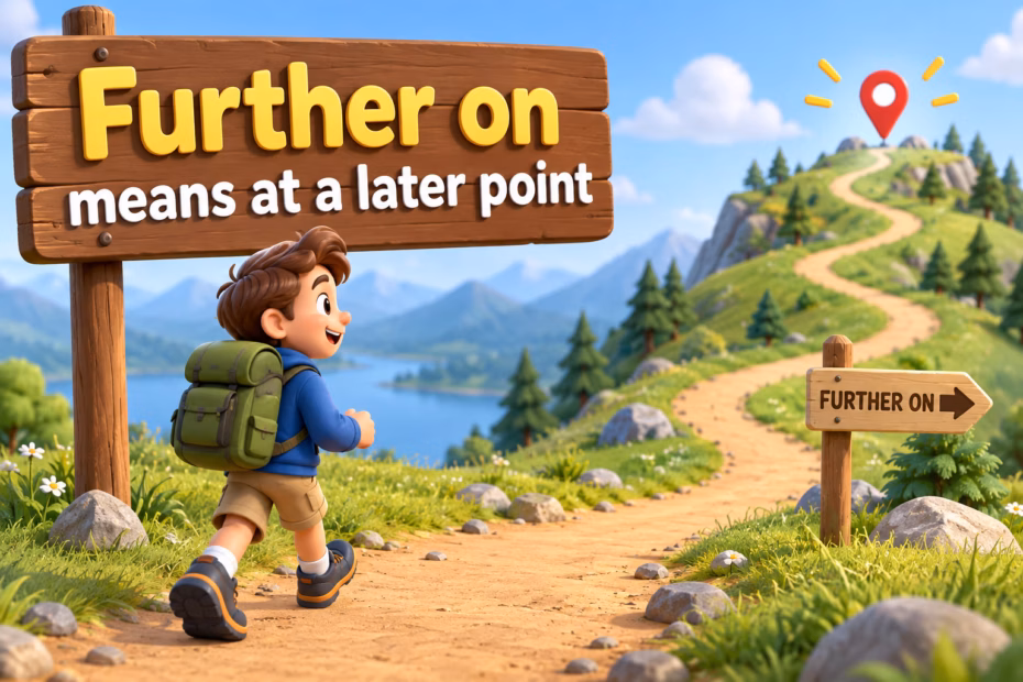 Further on means at a later point, illustrated by a signpost along a winding path