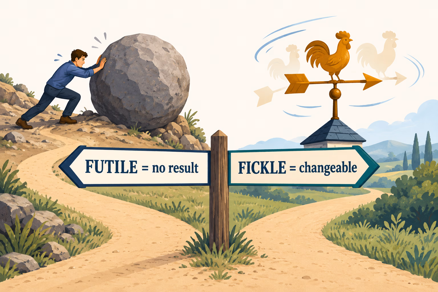 A boulder blocks a path labeled futile while a turning weather vane represents fickle