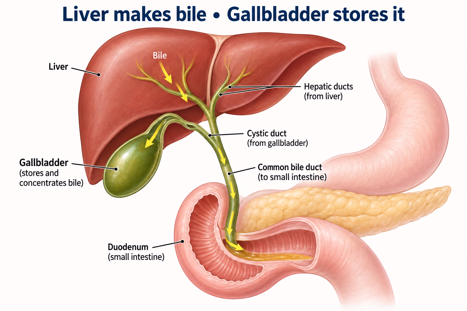 Diagram showing bile made in the liver, stored in the gallbladder, and carried through ducts to the duodenum