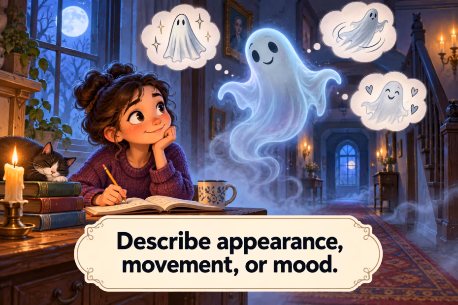 A writer imagines a friendly translucent ghost in a moonlit house and considers how to describe it.