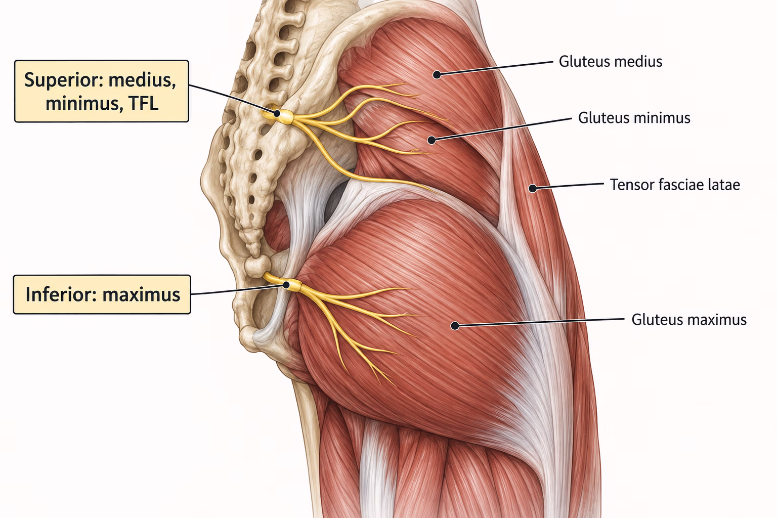 Anatomy diagram mapping the superior gluteal nerve to gluteus medius, minimus, and tensor fasciae latae, and inferior gluteal nerve to gluteus maximus