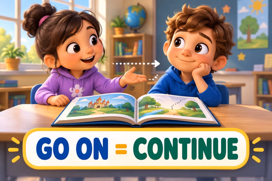 Two children resume a story together in a classroom, with an open book and a forward arrow. The sign reads “GO ON = CONTINUE.”