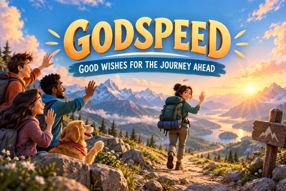 A traveler with a backpack leaves along a mountain trail as friends wave beneath the word Godspeed.