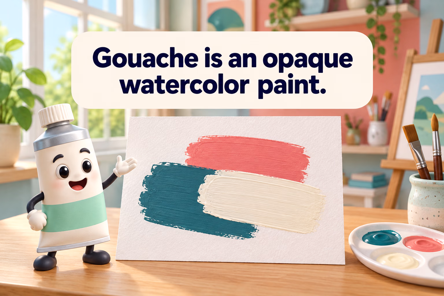 Cartoon illustration of opaque gouache paint covering a darker color on paper