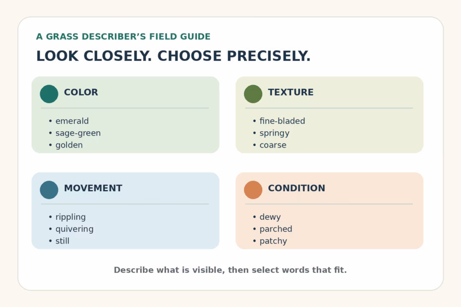 A field guide groups grass descriptors by color, texture, movement, and condition.