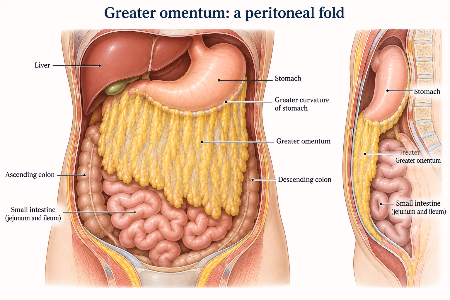 Diagram locating the greater omentum as a peritoneal fold from the stomach that drapes over the small intestine