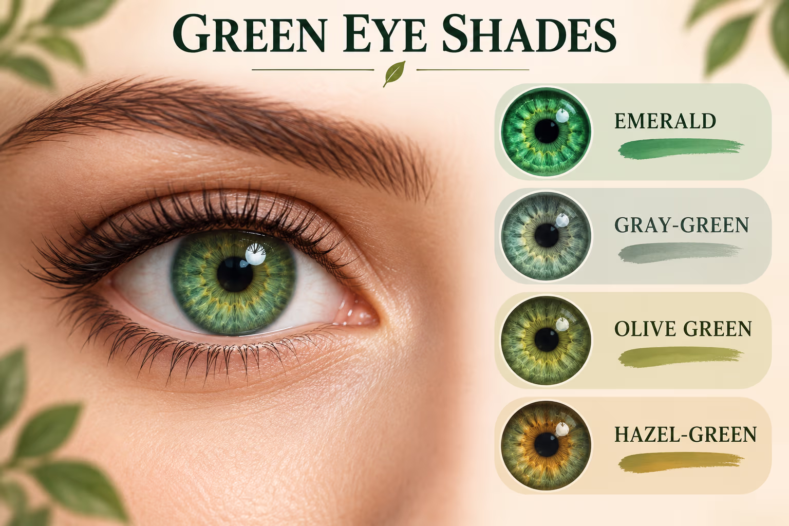 Green eye shade guide comparing emerald, gray-green, olive green, and hazel-green irises