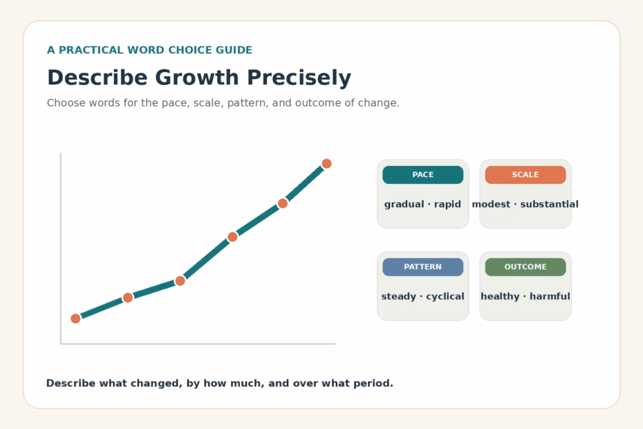 Rising growth chart beside adjective groups for pace, scale, pattern, and outcome