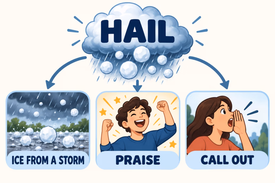 Illustration showing hail as storm ice, praise, and calling out