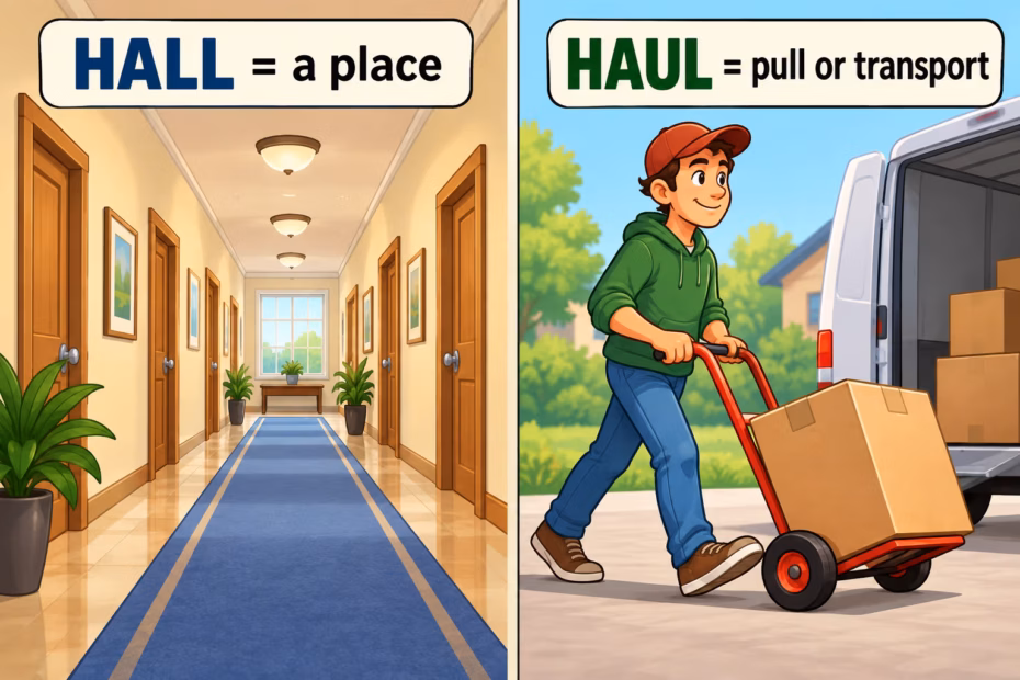 Hall vs. Haul: an indoor corridor beside a person hauling boxes on a dolly.