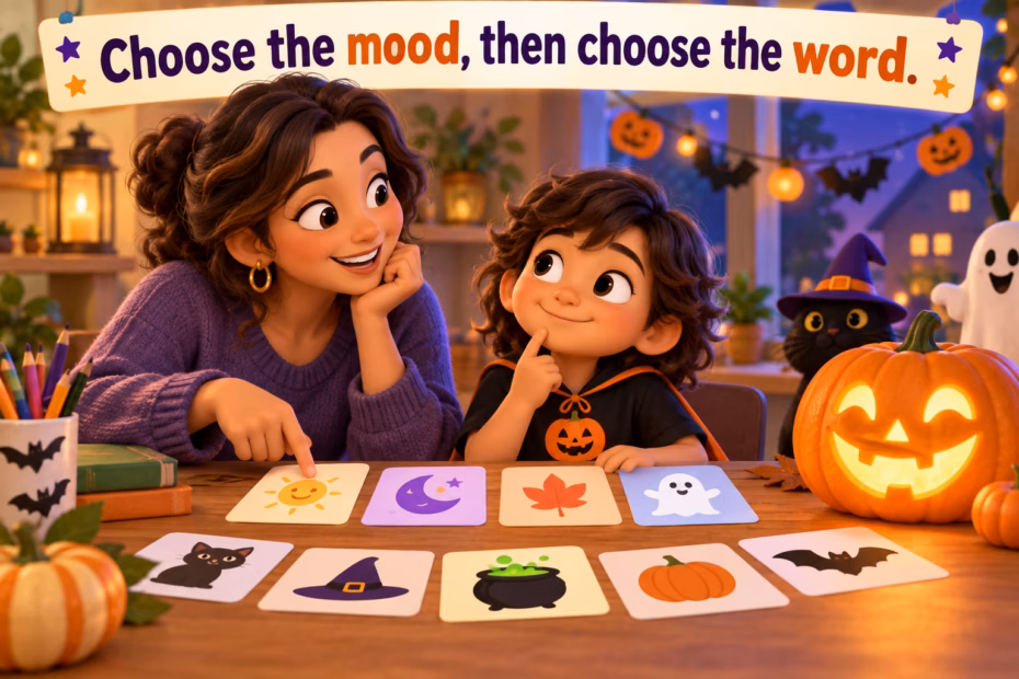 A child and adult choose descriptive words for a friendly Halloween scene with a glowing pumpkin and costume decorations.