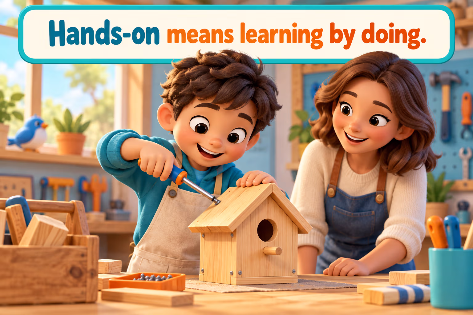 Hands-on means learning by doing. Cartoon learner builds a birdhouse.