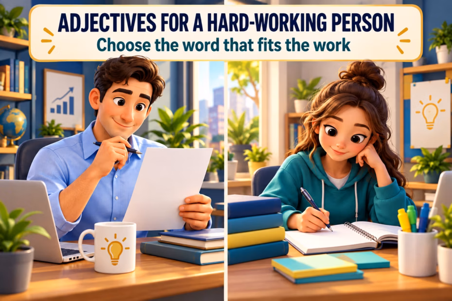 Professional reviewing a project checklist beside a student reviewing notes, illustrating hard-working adjectives for adults and students