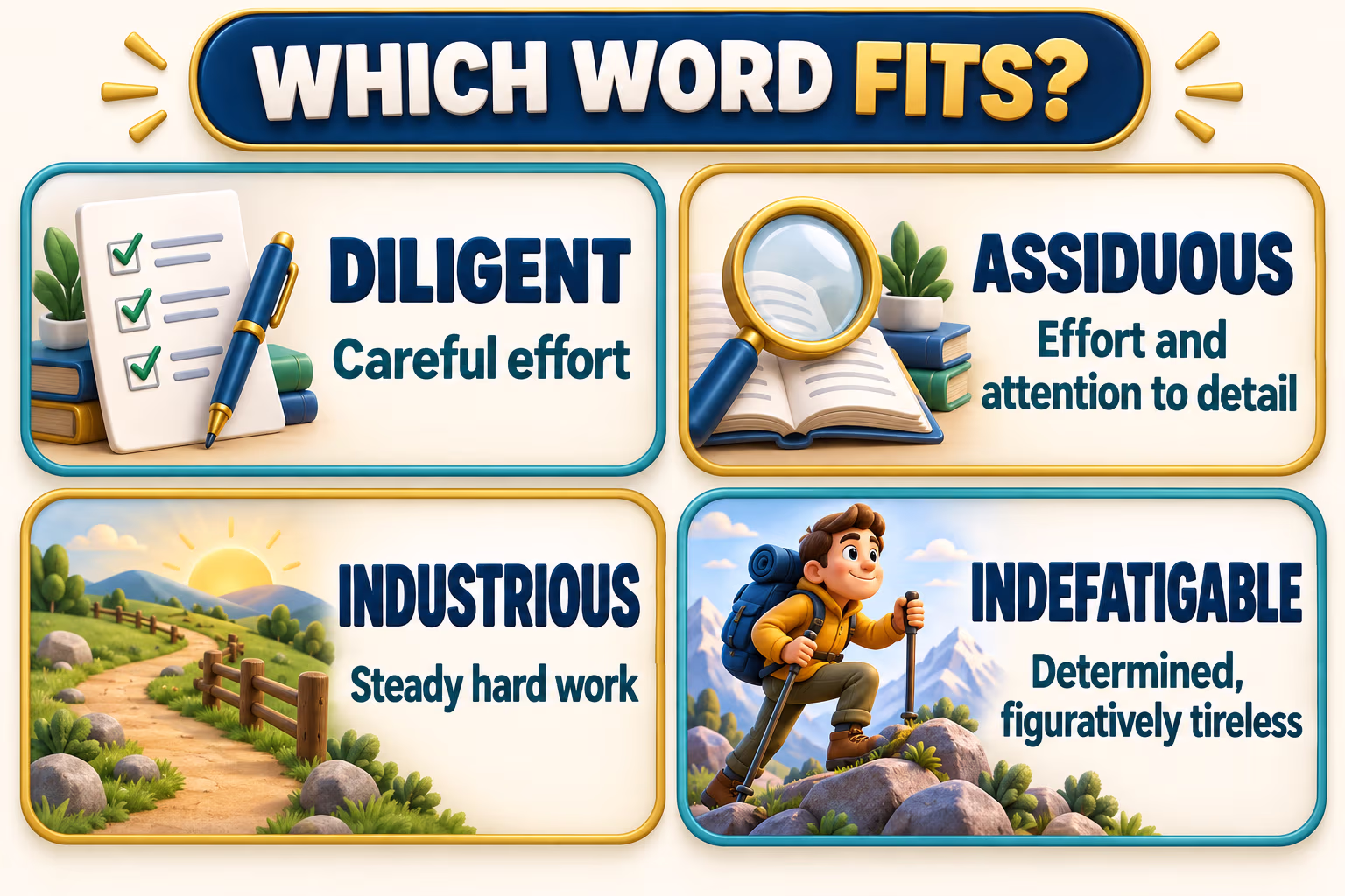 Comparison graphic showing diligent as careful effort, assiduous as effort with attention to detail, industrious as steady hard work, and indefatigable as figuratively tireless determination