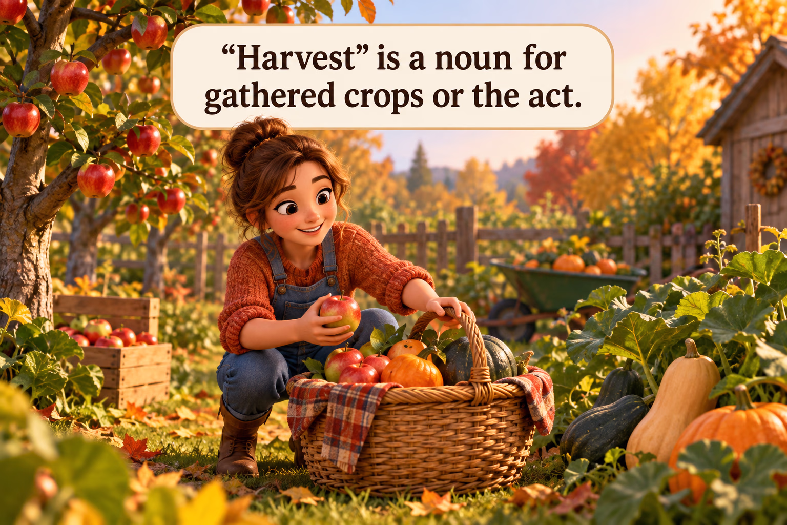 Cartoon of a person gathering apples and squash into a basket; the image explains harvest as crop or action