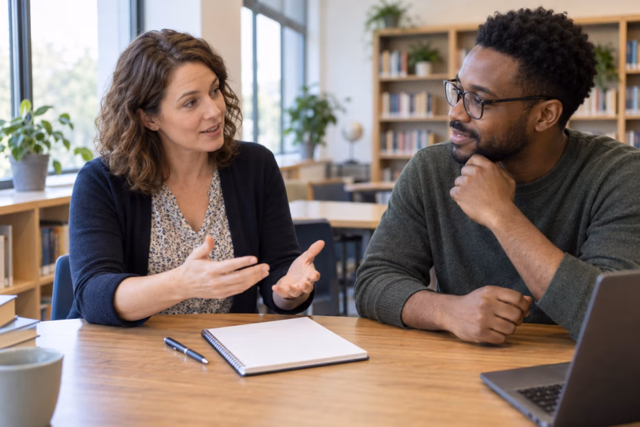 An English tutor explains a grammar point to an adult learner