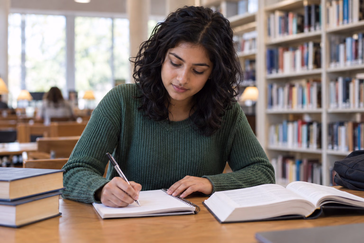 An adult learner writes in a notebook while studying at a library table