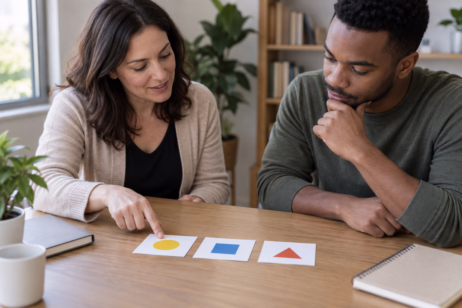 A tutor and learner arrange three picture cards in time order
