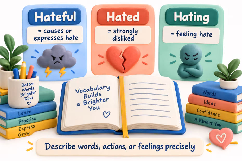 Vocabulary cards distinguish hateful, hated, and hating by what each word describes.
