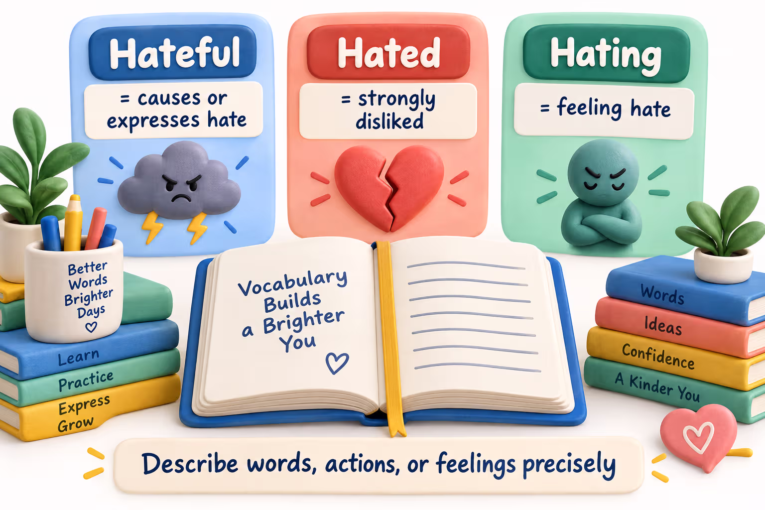 Vocabulary cards distinguish hateful, hated, and hating by what each word describes.