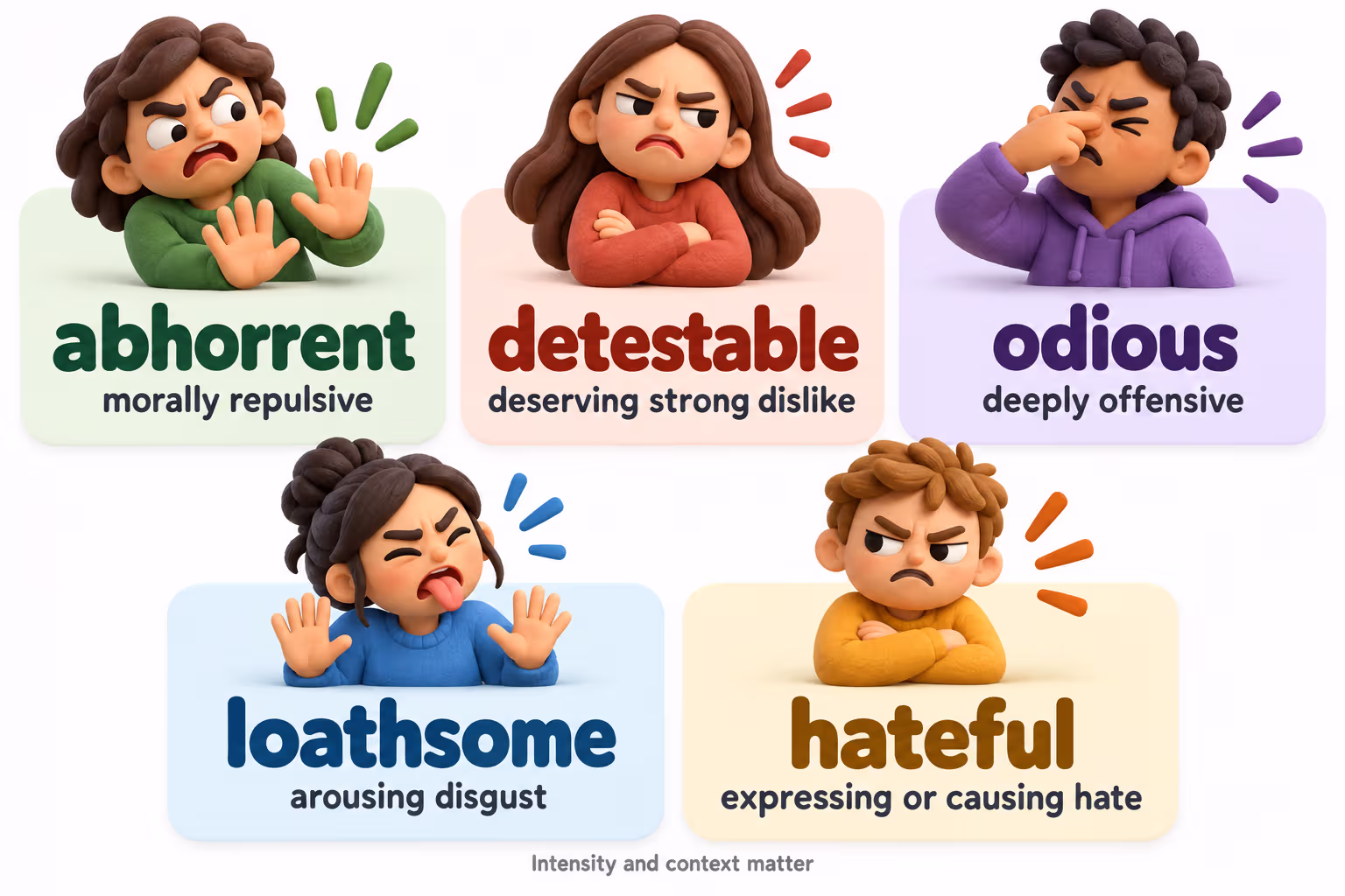 Five strong-dislike adjectives and their distinct emphasis: abhorrent, detestable, odious, loathsome, and hateful.