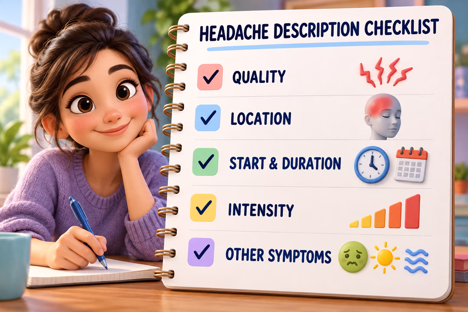 Illustrated headache description checklist for quality, location, start and duration, intensity, and other symptoms