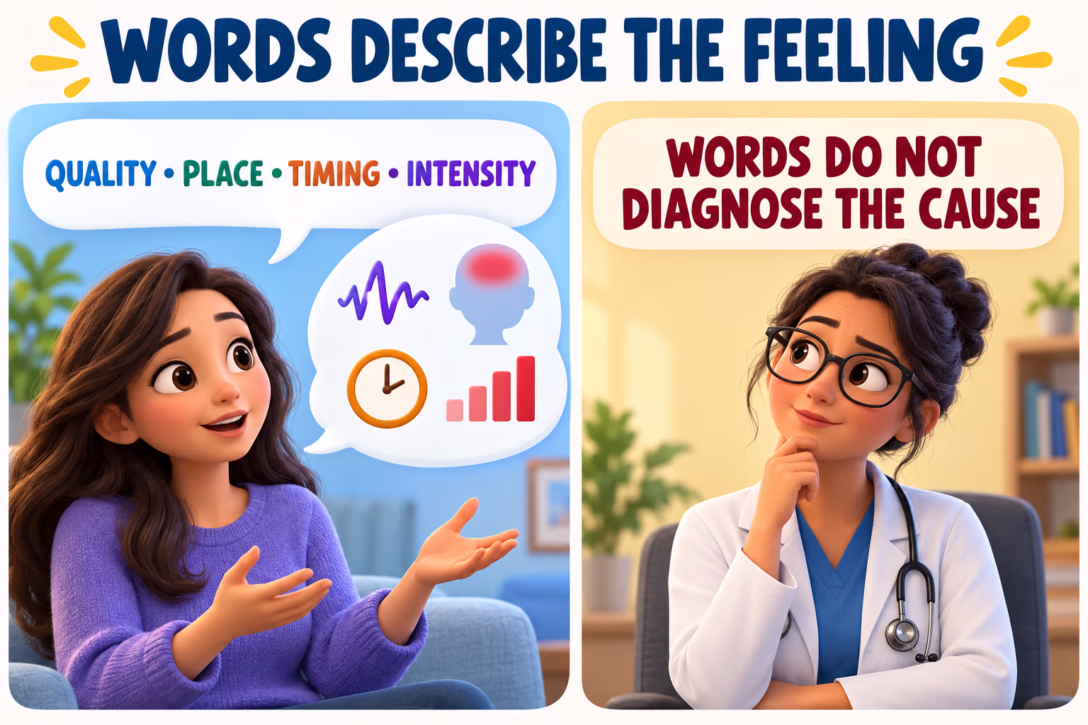 Two-panel illustration showing that quality, place, timing, and intensity describe a headache feeling but do not diagnose its cause