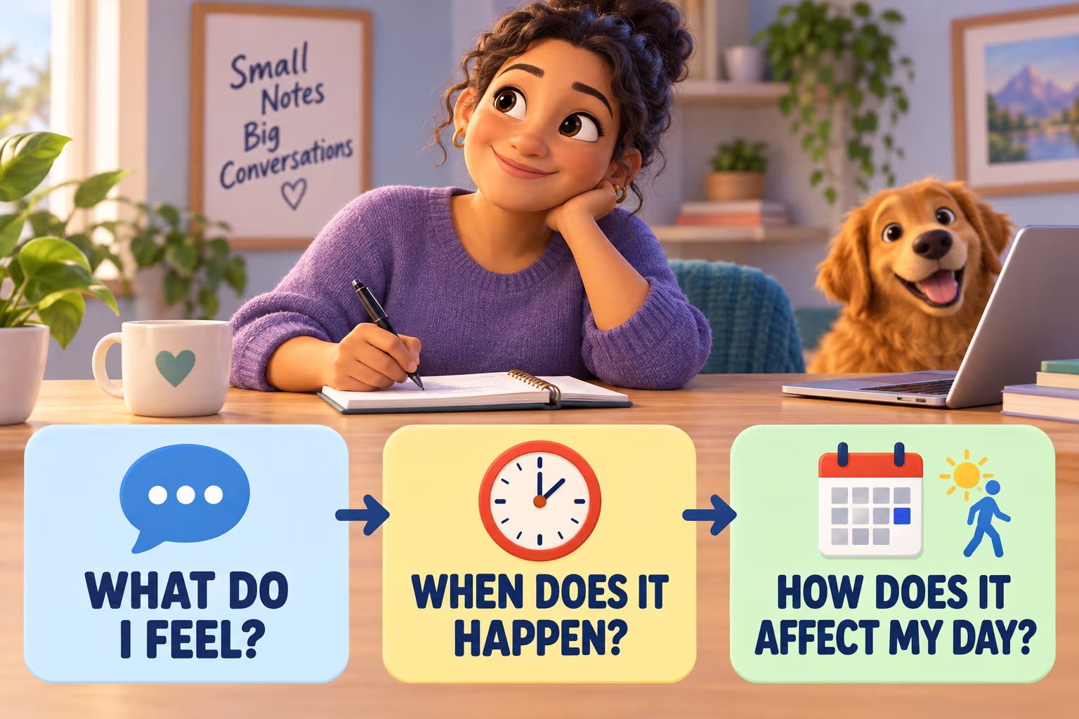 Three illustrated prompts for describing a health experience: what do I feel, when does it happen, and how does it affect my day