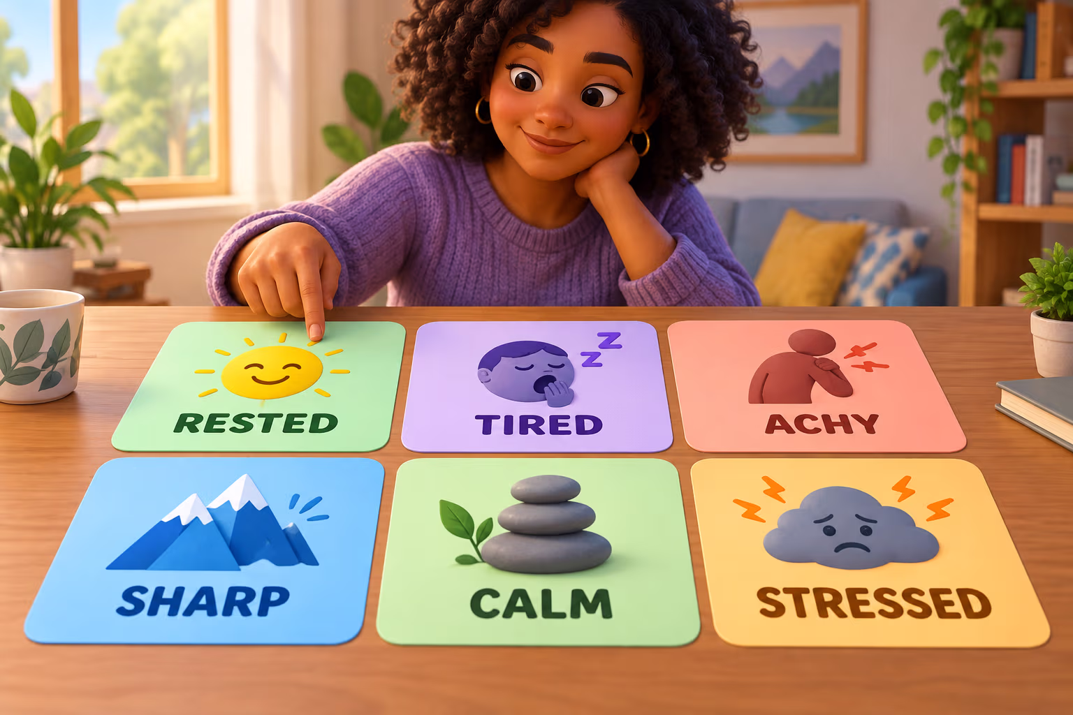 Illustrated health-experience word cards labeled rested, tired, achy, sharp, calm, and stressed