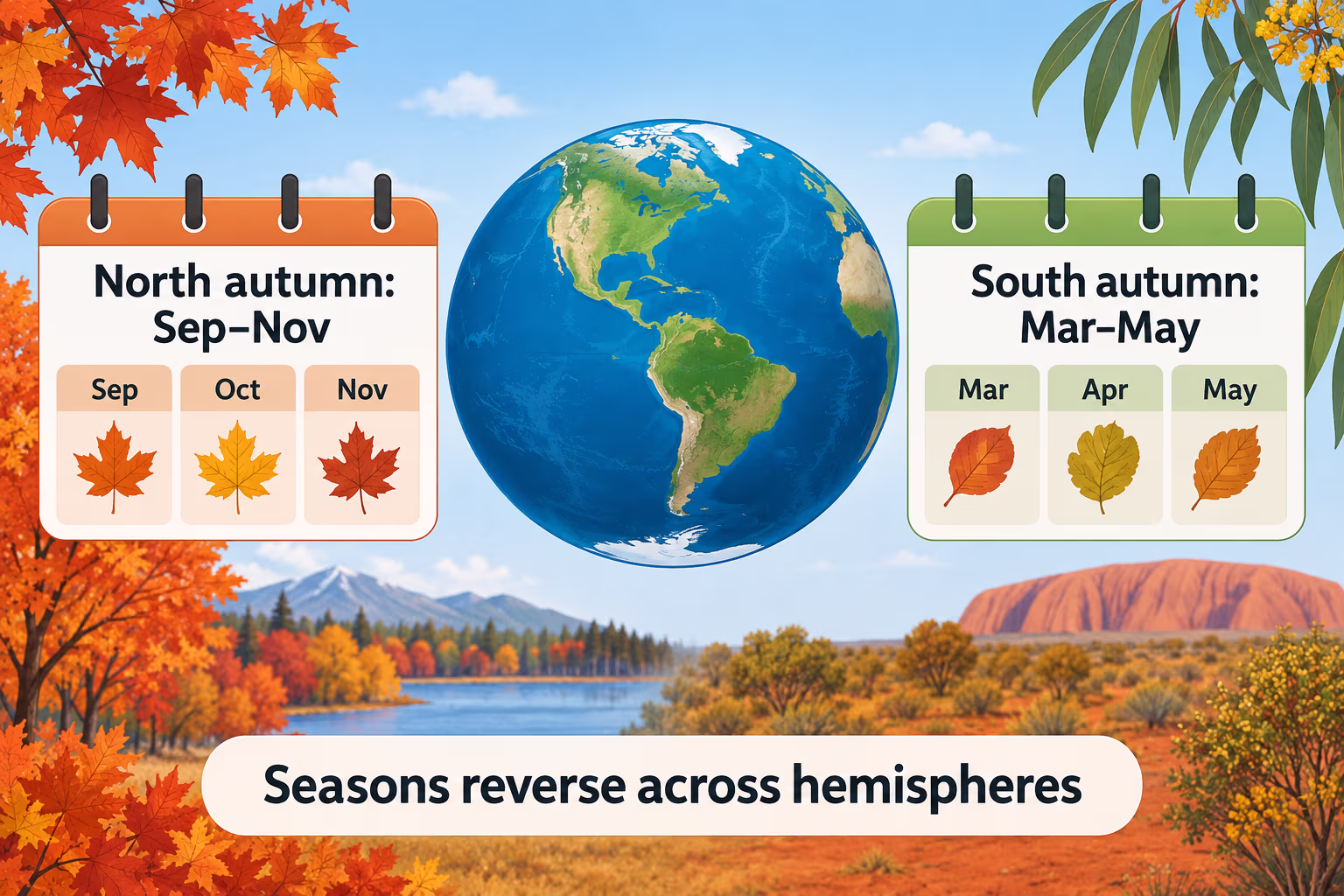 Two calendar cards show Northern Hemisphere autumn in September to November and Southern Hemisphere autumn in March to May, separated by a globe