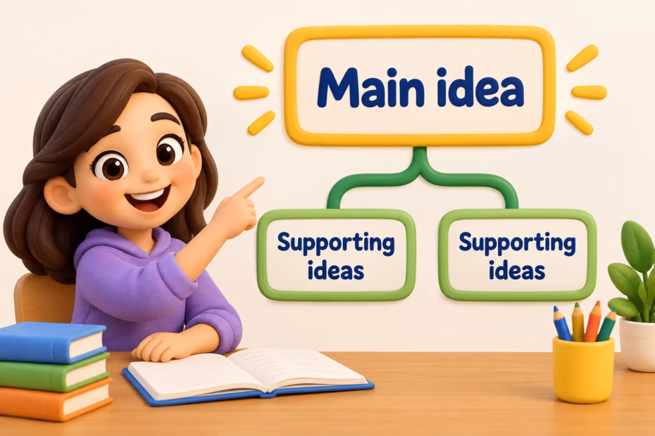 Playful hierarchy diagram with the label “Main idea” above two “Supporting ideas.”