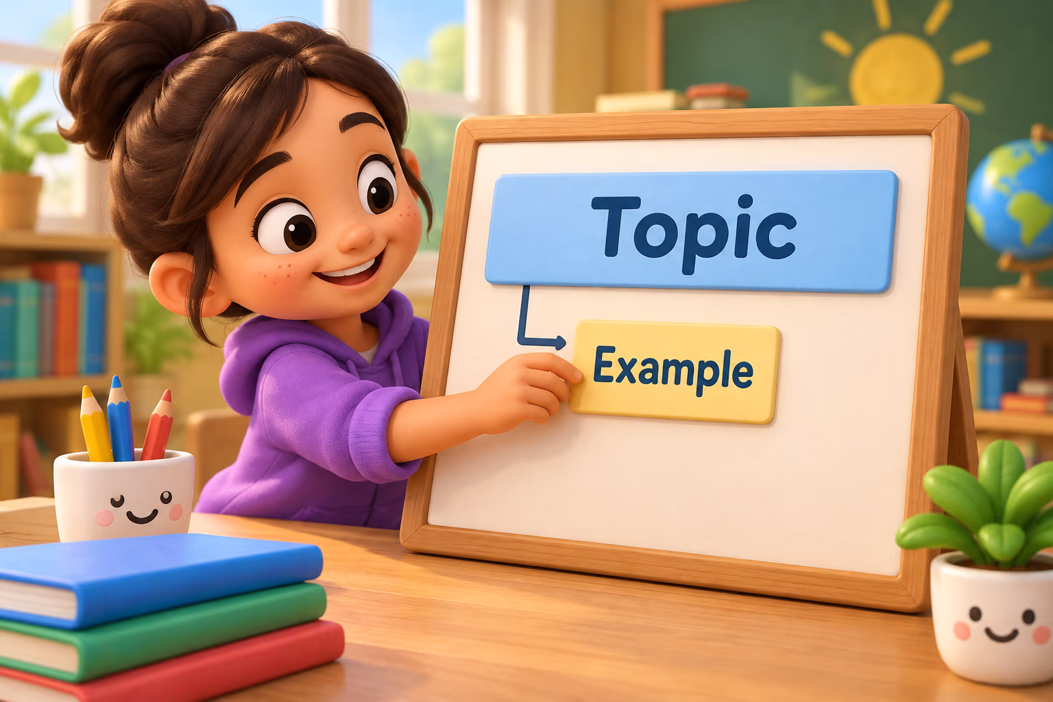 A student points to a hierarchy diagram labeled “Topic” and “Example.”