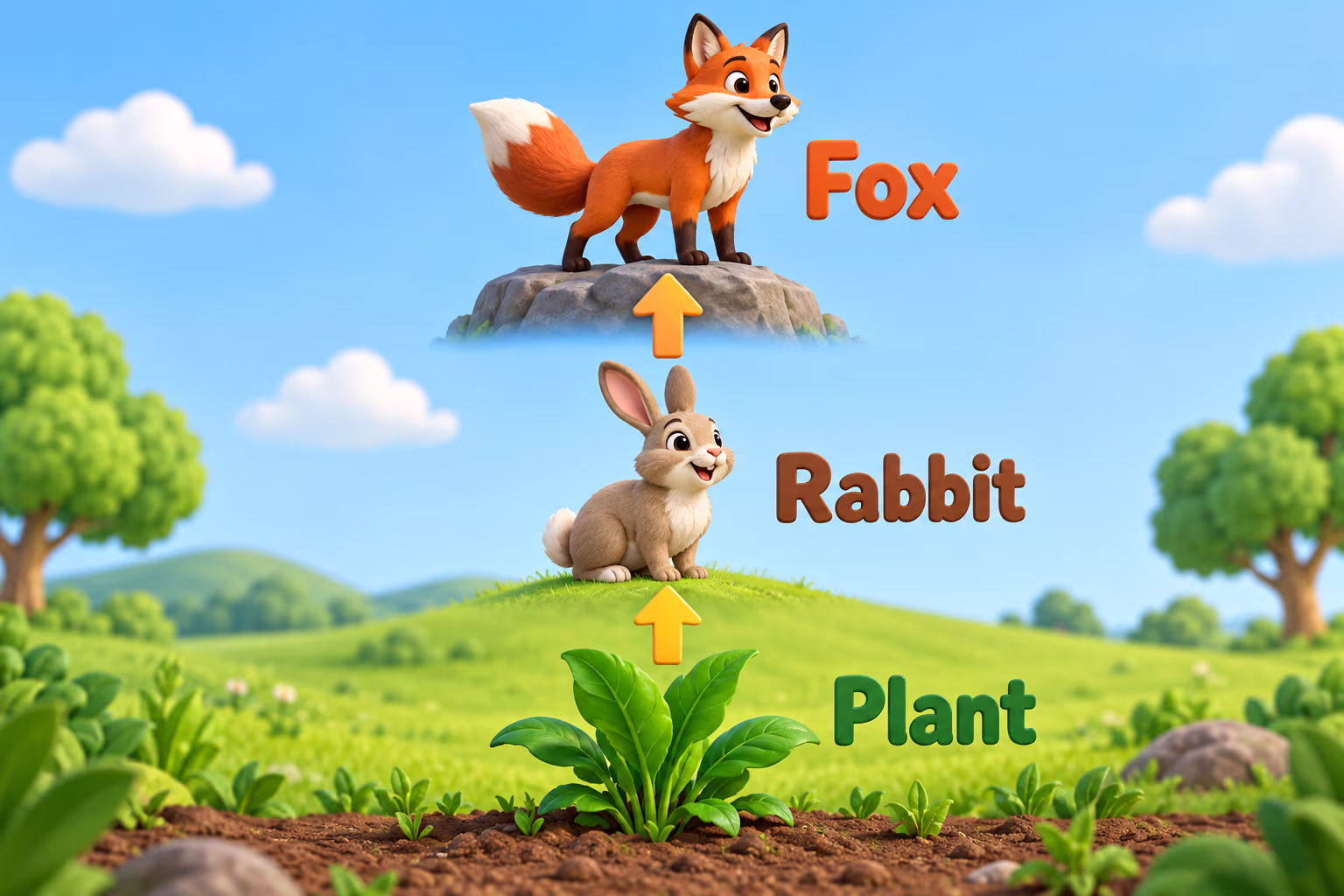 Food-chain illustration labeled Plant, Rabbit, and Fox with upward arrows.
