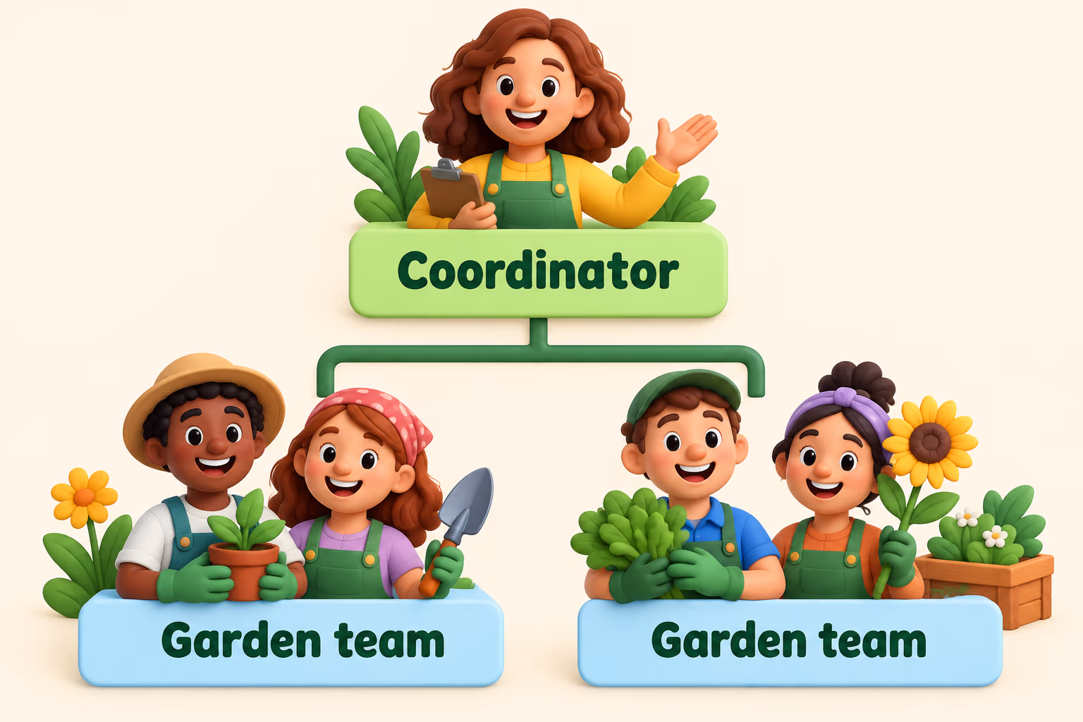 Community garden organization chart with a coordinator connected to two garden teams.