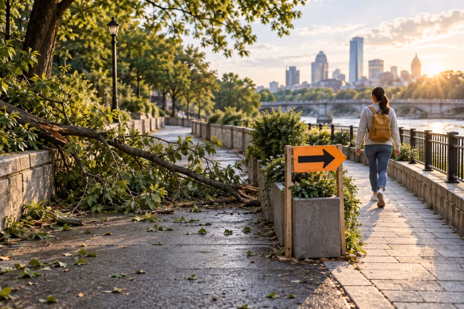A fallen tree blocks part of a city path as a pedestrian follows a detour